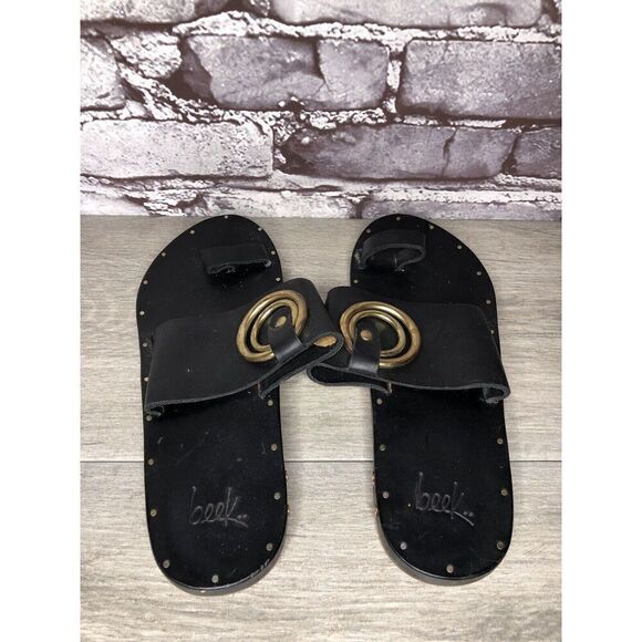 Beek Black Leather Handmade Gold Toe Ring Flats Sandals Women Sz 7M US/38EU - Picture 14 of 16